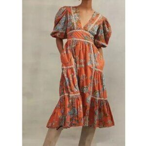 Anthropologie Love the Label Puff-Sleeved Tiered Midi Dress S
